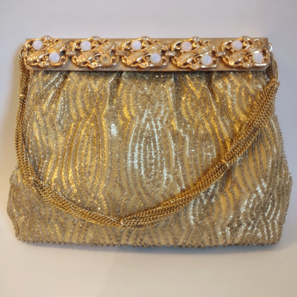 Beaded clutch with metal handle, moonstone accent